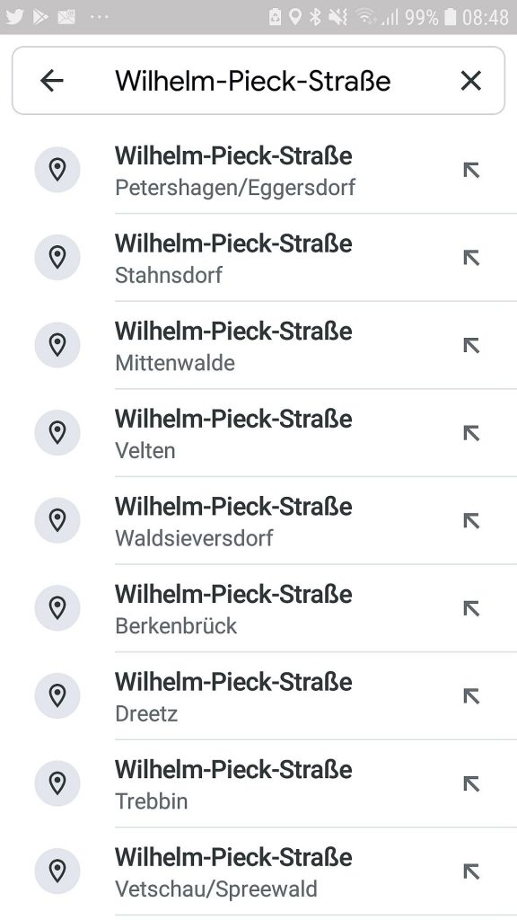 Screenshot Google Maps Wilhelm-Pieck-Straße. In Deutschland erinnern noch 90 Straßen an den DDR-Staatspräsidenten Wilhelm Pieck.