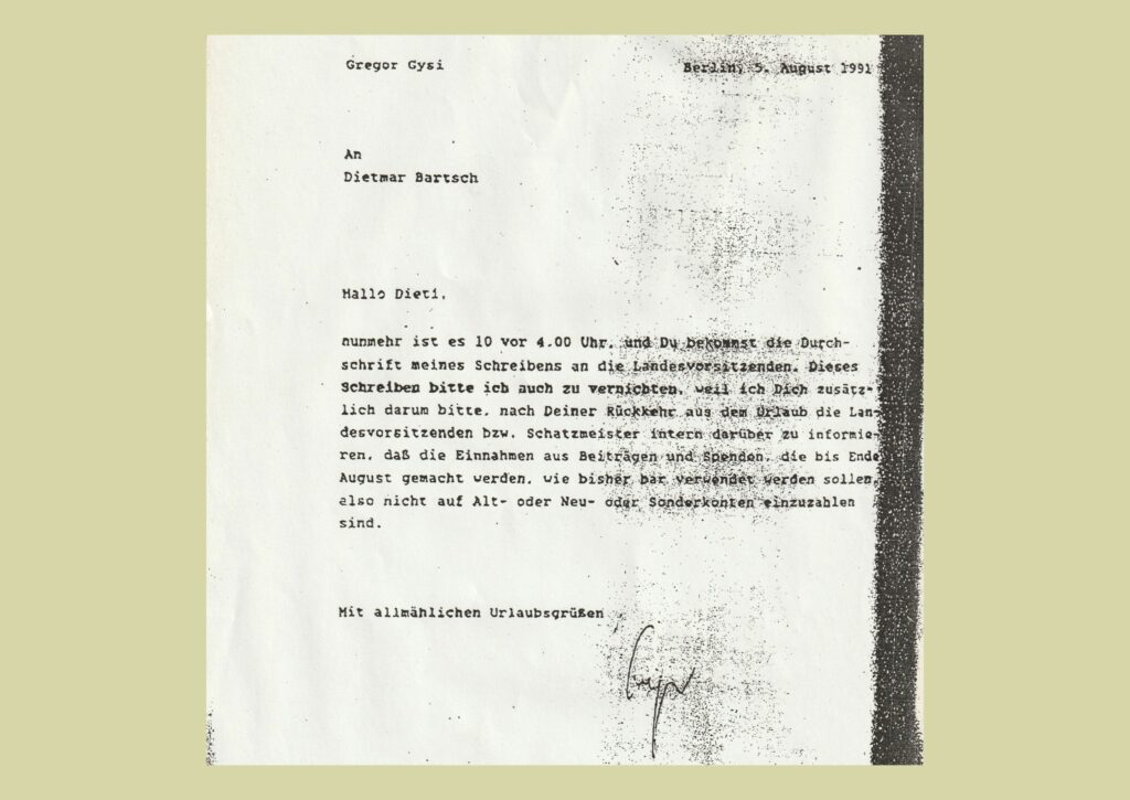 Beschlagnahmtes Schreiben von Gregor Gysi an Dietmar Bartsch vom 5. August 1991